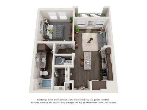 Floor plan for 1 bed, 1 bath, 614 sqft